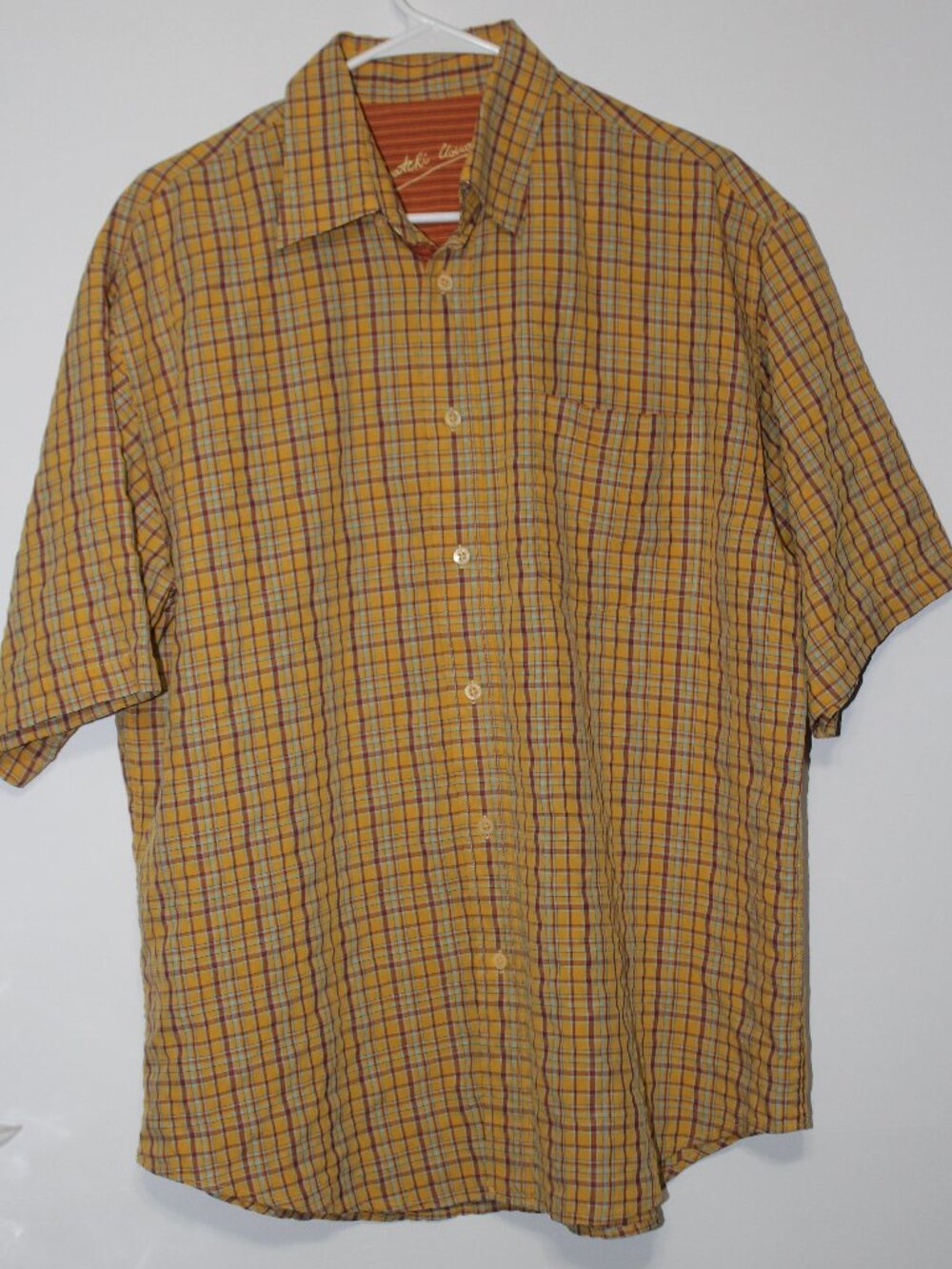 Bugatchi Uomo Men’s Large Orange Yellow Plaid Modal Blend Short Sleeve Shirt